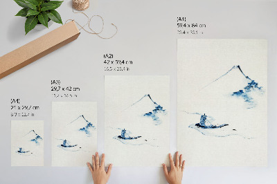 Décoration murale Homme dans une petite barque sur une rivière avec le mont Fuji en arrière-plan (1830-1850) par Hokusai