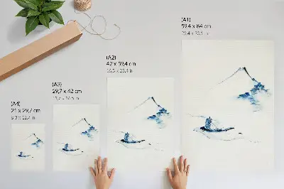 Décoration murale homme dans une petite barque sur une rivière avec le mont Fuji en arrière-plan d'après Hokusai (1830-1850)