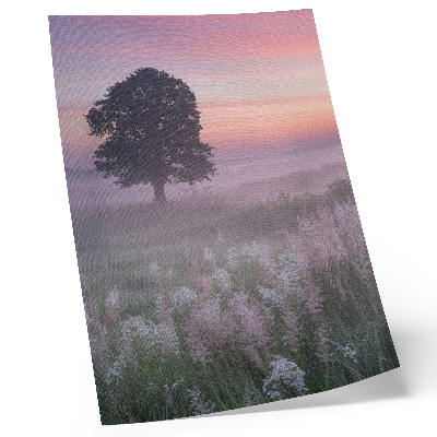Impression sur toile Arbre solitaire dans le brouillard, ciel aux couleurs pastel