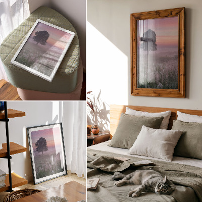 Impression sur toile Arbre solitaire dans le brouillard, ciel aux couleurs pastel