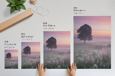 Impression sur toile Arbre solitaire dans le brouillard, ciel aux couleurs pastel
