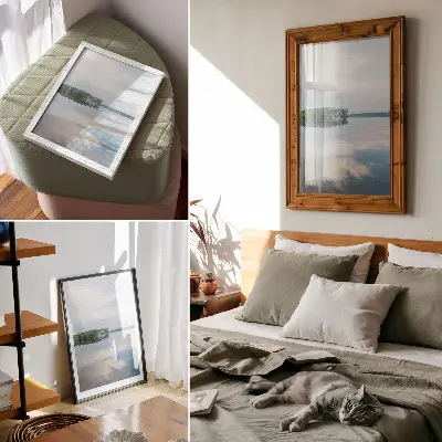 Décoration murale paysage d'eau calme avec arbres et reflet du ciel