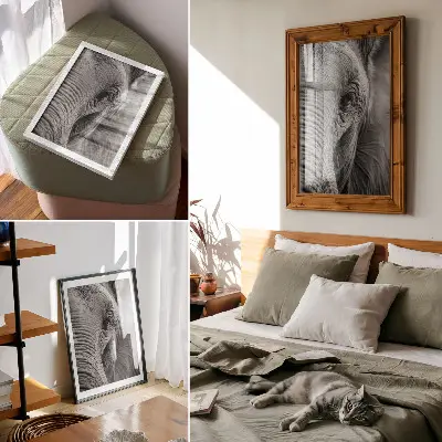 Affiche décorative représentant l'œil d'un éléphant riche en textures, en harmonie et en paix