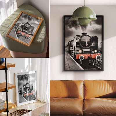 Impression sur toile Une locomotive à vapeur noire et blanche puissante et classique