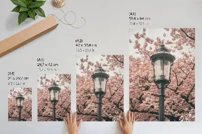 Affiche décorative arbres roses et lanterne noire dans une atmosphère nostalgique