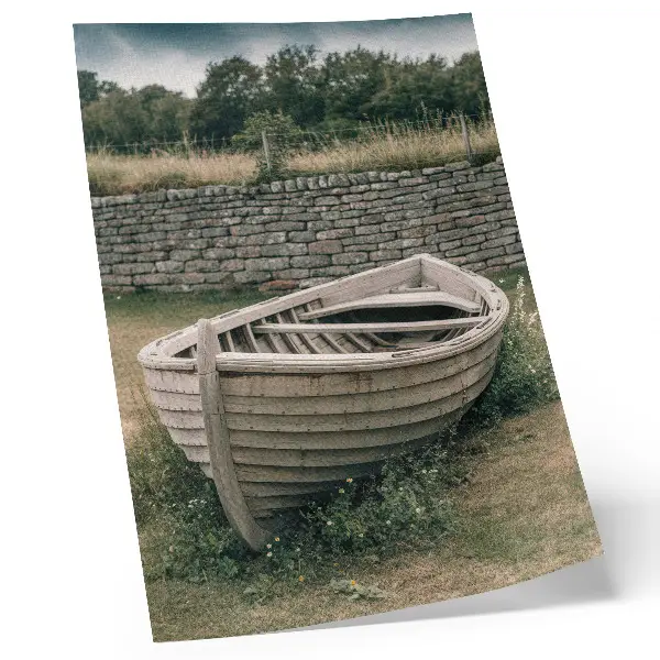 Affiche décorative bateau abandonné dans un champ d'herbes sur le thème de la nature paisible