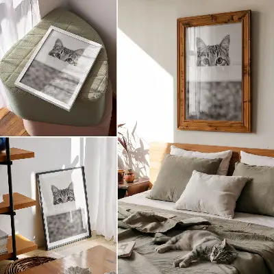 Impression sur toile représentant un chat derrière une surface minimaliste en noir et blanc