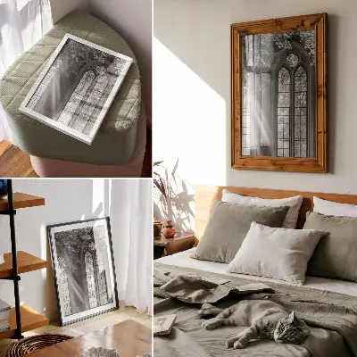 Impression sur toile vieilles fenêtres gothiques avec une lumière mystérieuse et des feuilles