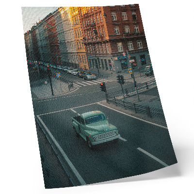 Impression sur toile Immeubles de rapport, voiture rétro, ambiance coucher de soleil