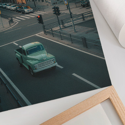 Impression sur toile Immeubles de rapport, voiture rétro, ambiance coucher de soleil