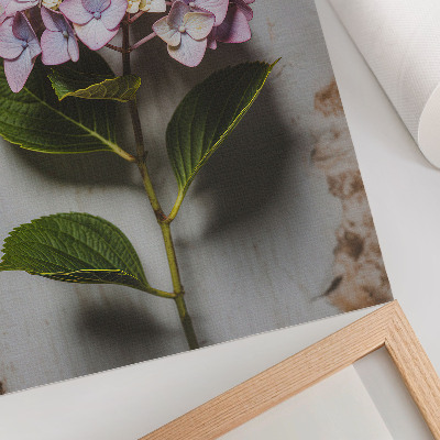 Impression sur toile Hortensia rose, feuilles vertes, fond rustique