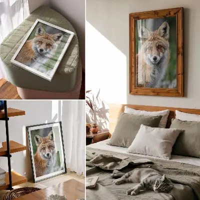 Affiche décorative portrait de renard aux tons chauds sur fond vert