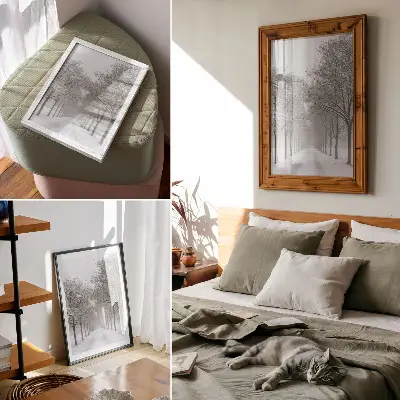Impression sur toile allée symétrique d'arbres d'hiver dans la neige et le brouillard