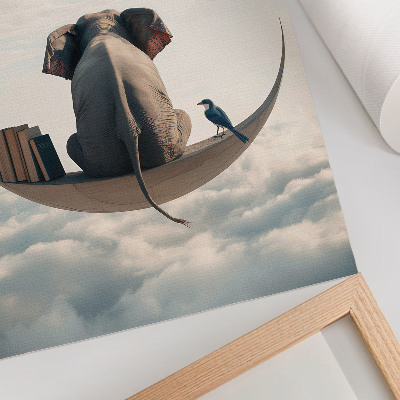Décoration murale Éléphant sur un croissant de lune avec des livres dans les nuages