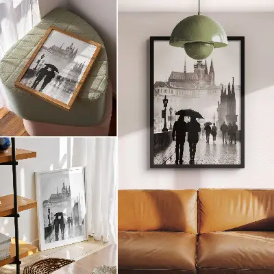 Affiche décorative une promenade sous la pluie avec une architecture historique et un couple