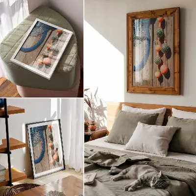 Affiche décorative représentant des bouées colorées sur un mur en bois aux touches marines