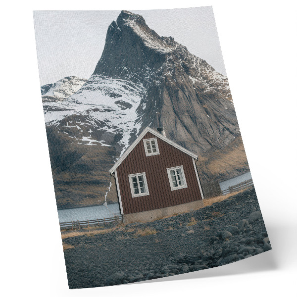 Affiche décorative Paysage de montagne, maison en bois, sommets enneigés