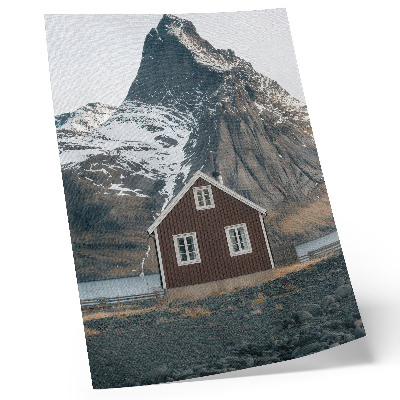 Affiche décorative Paysage de montagne, maison en bois, sommets enneigés