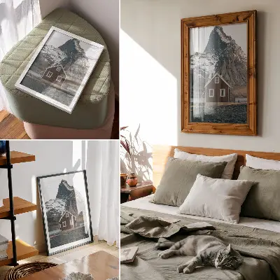 Affiche décorative paysage de montagne avec maison en bois et sommets enneigés