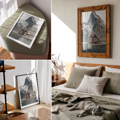 Affiche décorative Paysage de montagne, maison en bois, sommets enneigés