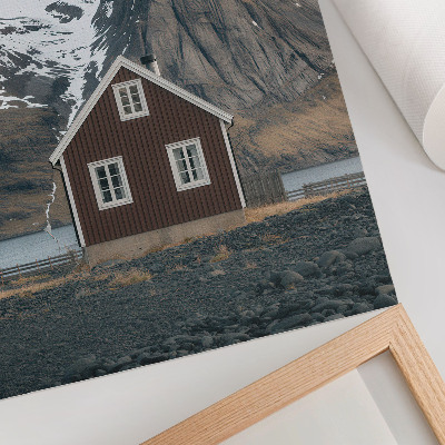 Affiche décorative Paysage de montagne, maison en bois, sommets enneigés