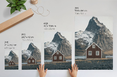 Affiche décorative Paysage de montagne, maison en bois, sommets enneigés