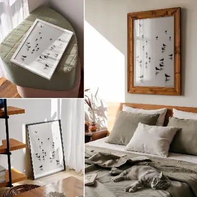 Affiche décorative oiseaux au-dessus de l'eau avec des reflets subtils dans un style minimaliste