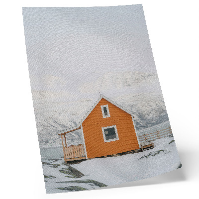 Affiche décorative Maison orange, montagnes enneigées, cadre minimaliste