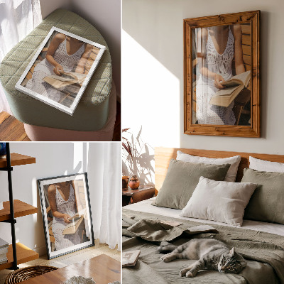 Affiche décorative Femme avec un livre, banc en bois, soleil