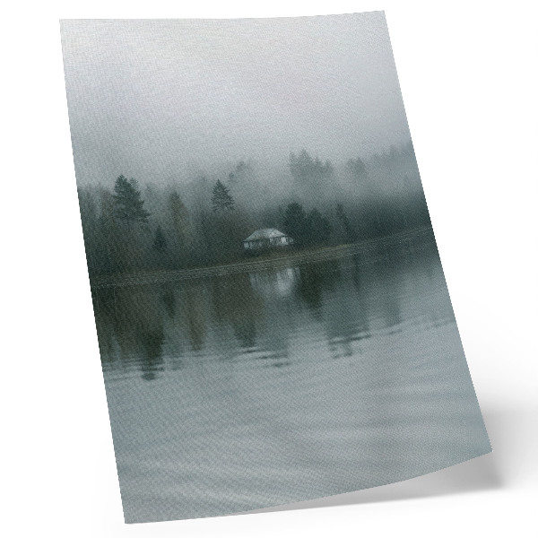 Impression sur toile Brouillard, arbres, maison, reflet, paysage paisible