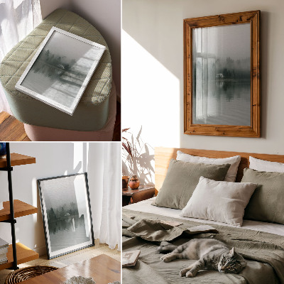 Impression sur toile Brouillard, arbres, maison, reflet, paysage paisible