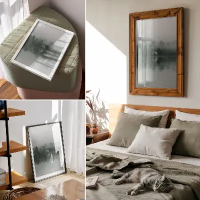 Impression sur toile représentant un paysage paisible avec brouillard, arbres et une maison reflétée