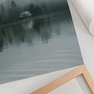 Impression sur toile Brouillard, arbres, maison, reflet, paysage paisible