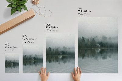 Impression sur toile Brouillard, arbres, maison, reflet, paysage paisible