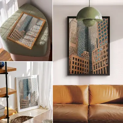 Impression sur toile représentant des gratte-ciel modernes aux formes géométriques élégantes