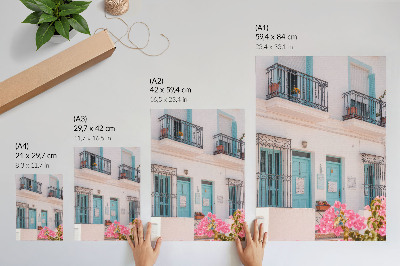 Affiche décorative Détails du balcon aux tons bleu pastel et aux fleurs