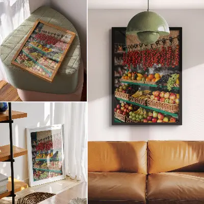 Décoration murale représentant des fruits colorés évoquant la tradition et l'atmosphère champêtre