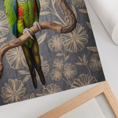 Décoration murale Perroquet sur une branche avec des fleurs crème et un fond bleu