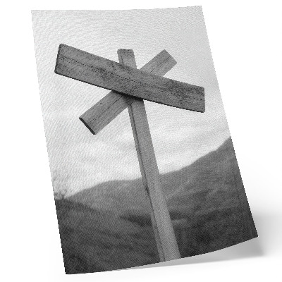 Impression sur toile Panneau en bois avec un paysage de montagne en arrière-plan, en noir et blanc