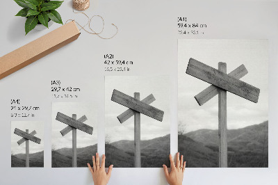 Impression sur toile Panneau en bois avec un paysage de montagne en arrière-plan, en noir et blanc