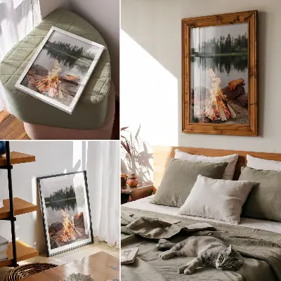 Décoration murale feu de camp au bord d'un lac en forêt avec des pierres dans la nature