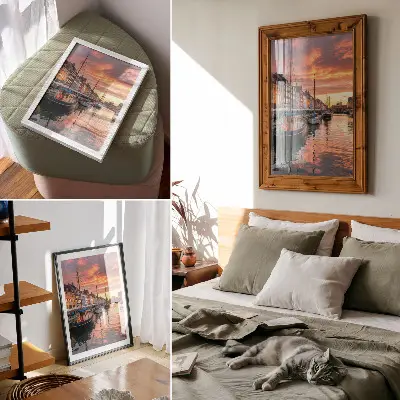 Impression sur toile immeubles colorés avec reflets dans l'eau sous un ciel chaleureux