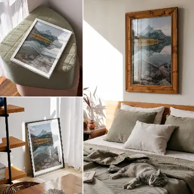 Impression sur toile représentant un paysage paisible de montagnes, de lac et d'arbres avec reflet