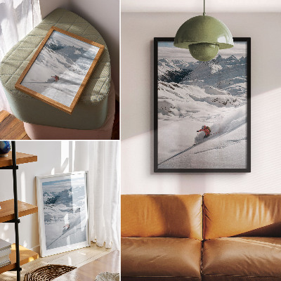 Impression sur toile Skieur en action, montagnes blanches, ciel bleu