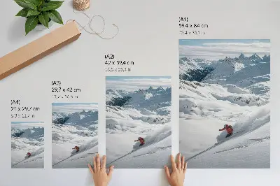 Impression sur toile skieur en action avec montagnes blanches et ciel bleu