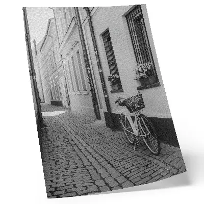 Décoration murale représentant une rue avec des immeubles d'habitation, des fleurs et un vélo en noir et blanc