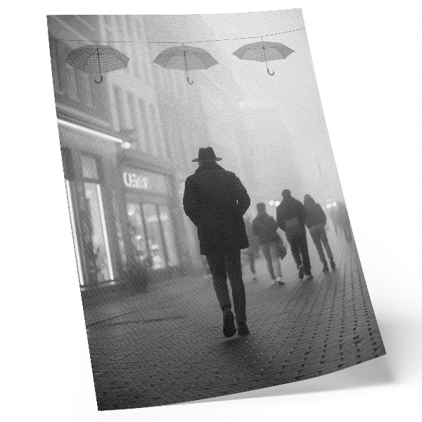 Impression sur toile Silhouette coiffée d'un chapeau, brouillard, parapluies, mystère