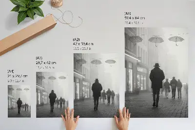 Impression sur toile silhouette sous un parapluie dans le brouillard avec un chapeau mystérieux