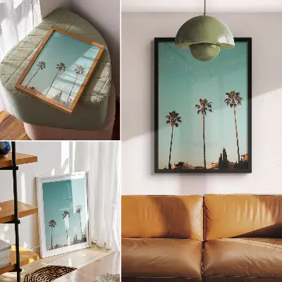 Décoration murale palmiers sur fond bleu à l'ambiance exotique