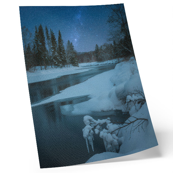 Impression sur toile Paysage d'hiver, rivière, arbres, étoiles